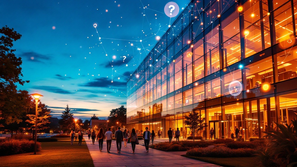A wide-angle, editorial-style photograph of a modern university campus building at dusk, its glass facade warmly illuminated from within, with a translucent digital overlay of interconnected nodes, data pathways, and flowing light streams cascading across the architecture — symbolizing AI systems crawling and interpreting the institution's digital presence. In the foreground, a diverse group of prospective students walks along a landscaped path, several glancing at their phones as if conversing with an AI assistant. The sky transitions from deep blue to amber at the horizon. The composition balances the physical grandeur of higher education with an ethereal, luminous digital layer — structured geometric patterns, faint question marks, and answer-bubble shapes woven into the light trails. The mood is forward-looking and optimistic yet slightly urgent. Shot in a cinematic, high-contrast photojournalistic style with shallow atmospheric depth, warm interior tones contrasting cool twilight blues, and subtle lens flare from the building's windows.